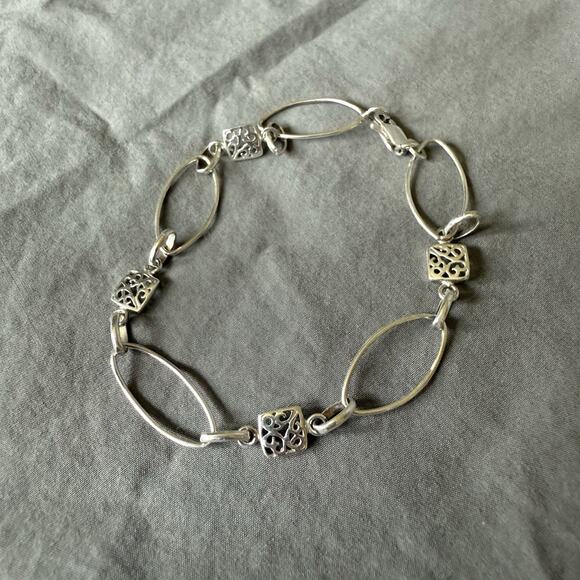 Sterling Silver Bracelet MCM Style Open Links & Filigree Squares 7.25 inches - Picture 2 of 8